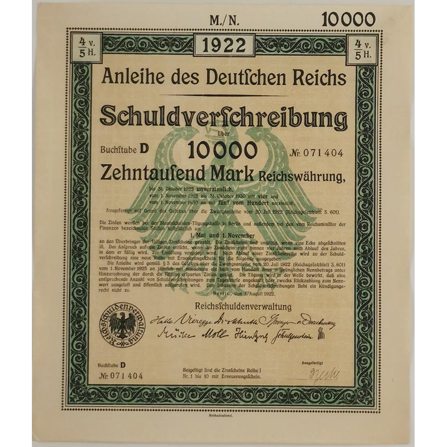 1922 Anleihe Des Deutschen Reichs 10 000 Rm Tokens Girl Numismatics Historical Stocks And Bonds