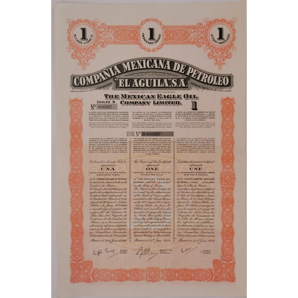 1949 La Compania Mexicana de Petroleo El Aguila – $10 – Tokens-Girl  Numismatics & Historical Stocks and Bonds